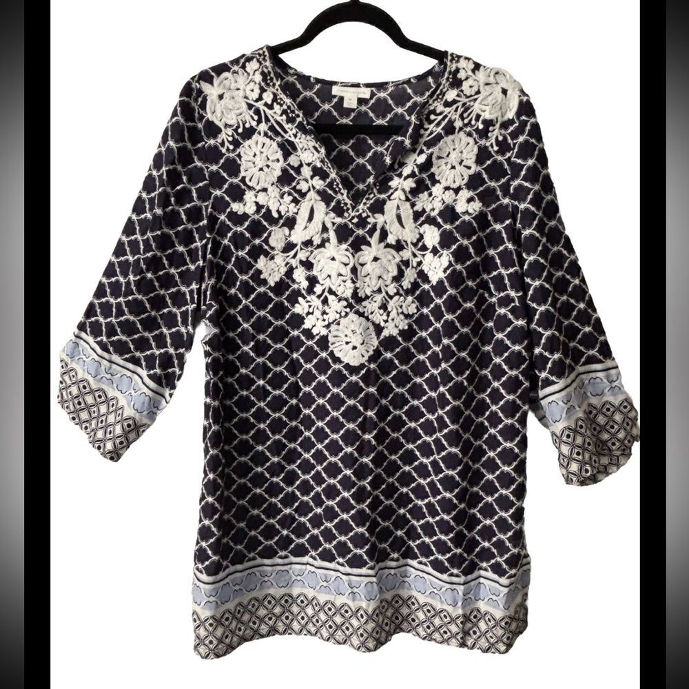 NWT Charter Club Women’s Navy & White Top Tunic 3/4 Sleeves Brocade Trim Size 0X